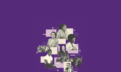 Photo collage of various important Civil Rights activists against a purple background.