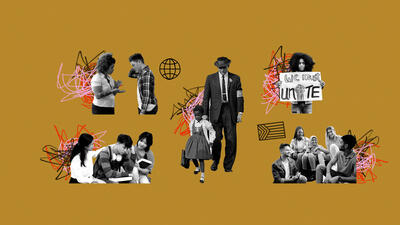 Collage images of young people and adults uniting against hate and supporting one another.