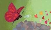 A large red butterfly blows other butterflies over a pile of stones.
