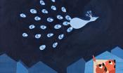 A blue peacock flies high in the night sky. Two people watch from their window.