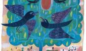 Four birds in a tree with a piece of fruit between them.