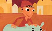 An illustration of a boy with a red hat petting a rhinoceros.