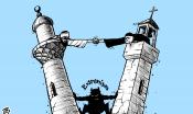 This cartoon features two religious leaders in separate towers. They are trying to reach each other to shake hands, but a black figure called "extremism" pushes them apart. 