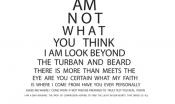 Text in the shape of an eye chart. Text starts large at the top and gets smaller. The last line reads, "I am a sikh walking the path of compassion hoping to find the light in our hearts that binds us all" in tiny letters. The cartoon's caption reads, "You must have perfect eyesight to be able to read the last line." 