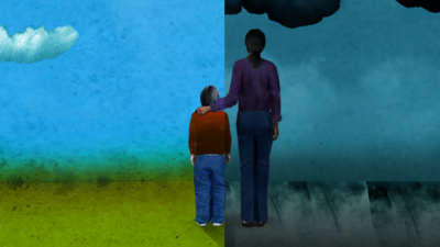 Taller figure with their hand on the shoulder of a smaller person standing next to them. The background is split between a brighter sky and a stormy dark sky.