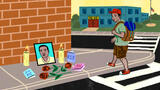 Boy walks past a memorial of candles and roses on the sidewalk on his way to school