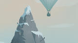 Mountain climbers overshadowed by person in hot air balloon.