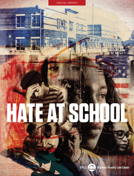 Cover of 'Hate at School' report, featuring a collage of distressed and angry young people.