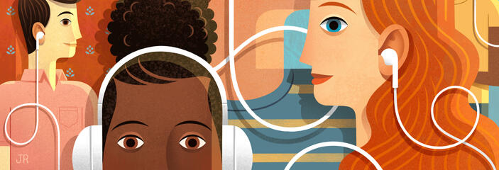 People with headphones on illustration by Jon Reinfurt.