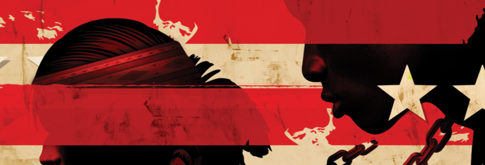 Silhouettes of an enslaved Indigenous person and an enslaved African person in chains.