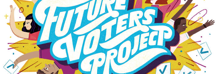 Illustration of the title "Future Voters Project" surrounded by stylized people holding up check marks.