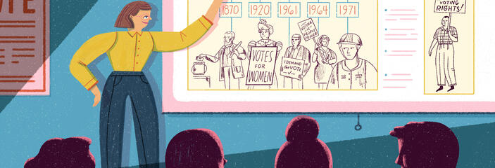 Illustration of a teacher figure pointing to a slide featured on a pulled down screen that is titled "Voting History." Several shadowed figures sit in the foreground, looking at the displayed information.