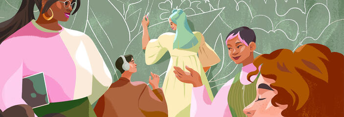 Illustration of different people talking and drawing on a chalkboard.