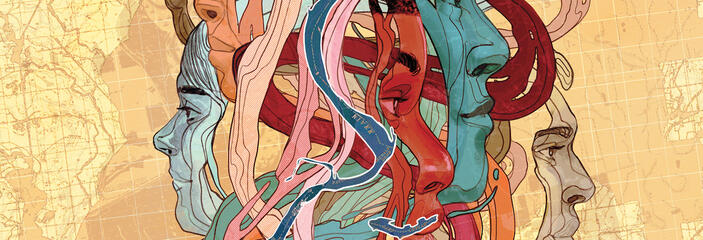 Stylized and colorful illustration of faces.