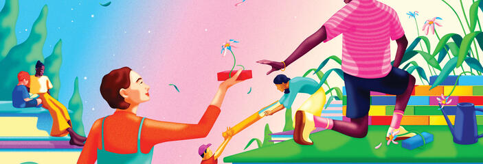Illustration of a person handing a plant to another person higher up.