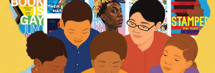 Illustration of various people looking down at the same spot with a mosaic of book covers behind them.