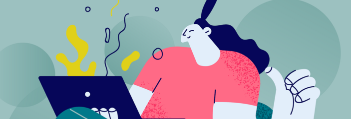 Illustration of person holding and looking at laptop.
