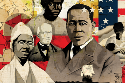 Abolitionists William Still, Sojourner Truth, William Loyd Garrison, unidentified male and female slaves, and Black Union soldiers in front of American flag