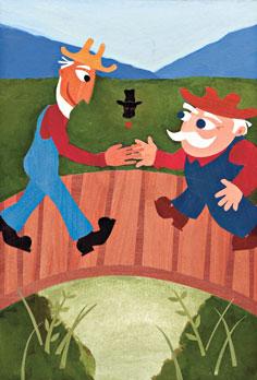 Two farmers shake hands on a bridge. 