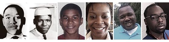 Photos of Emmett Till, Jimmie Jackson, Trayvon Martin, Sandra Bland, Alton Sterling and Philando Castle