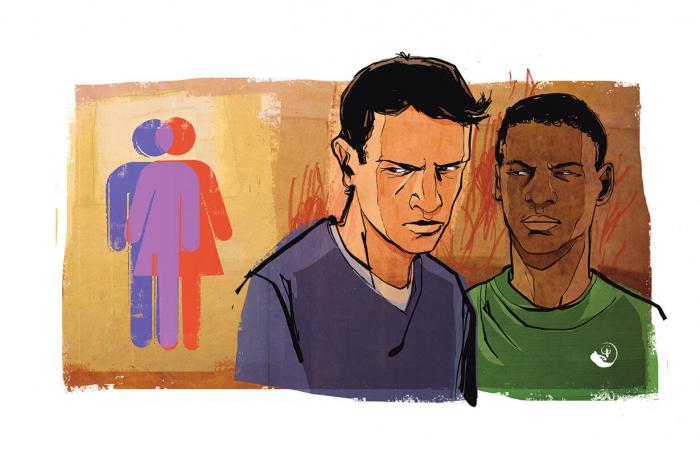 Teaching Tolerance illustration of two students looking angry at a bathroom sign with a male and female icons mixed
