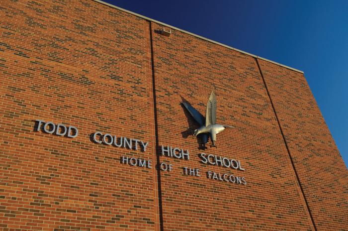 Front of the Tood County High School building "Home of The Falcons"