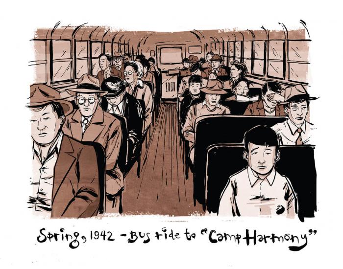 Teaching Tolerance illustration Japanese Americans on a bus, Spring 1942, on a ride to "Camp Harmony" 