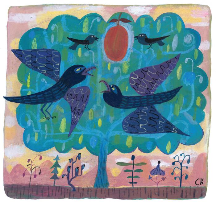 Teaching Tolerance illustration of blue birds flying around a ripe mango on top of the tree 