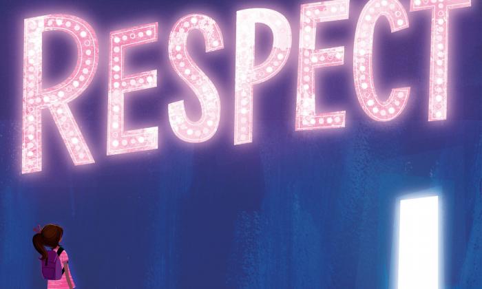Illustration of girl looking up at the word RESPECT