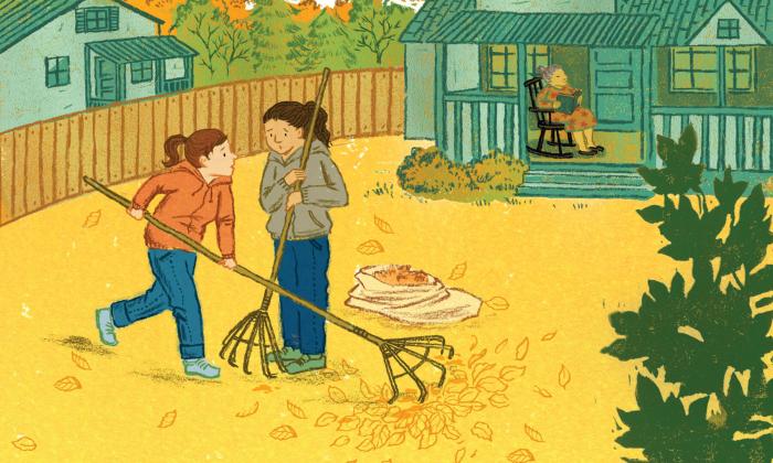 Teaching Tolerance illustration of 2 girls with concerned faces raking a yard full of leafs
