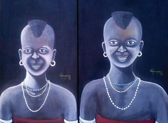 Two paintings by Kennedy featuring two smiling faces from Kenya