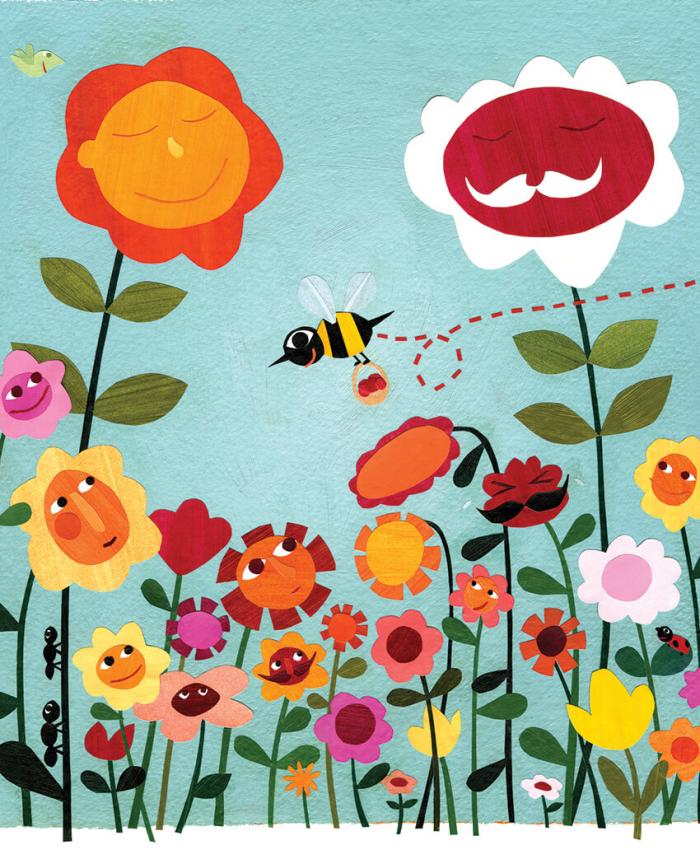An illustration of "smiling" flowers and bugs. 
