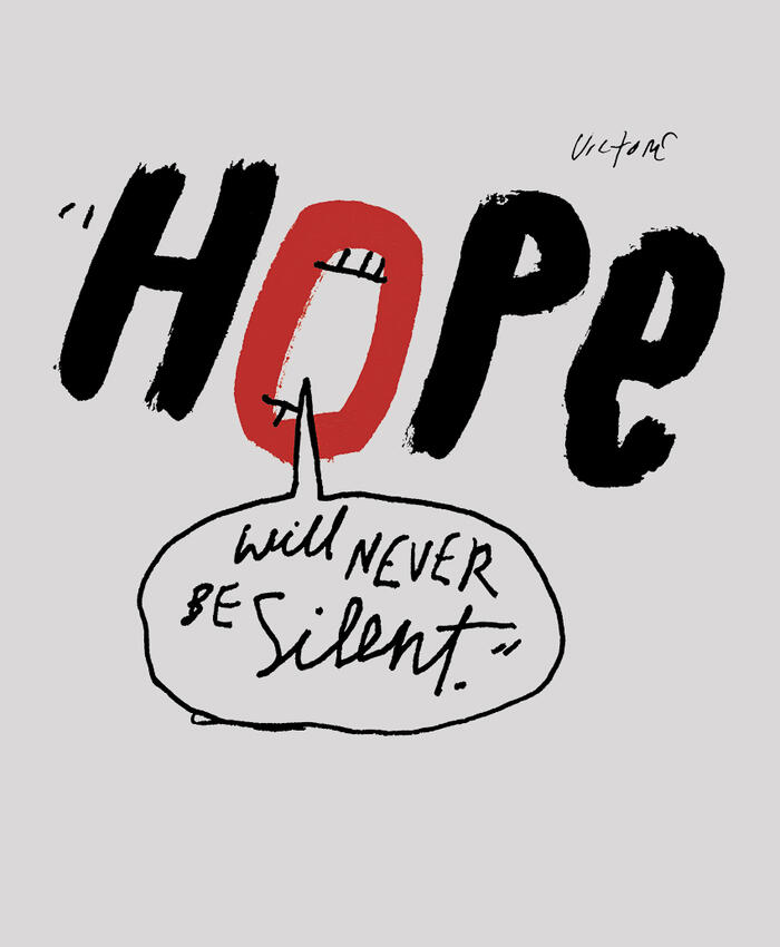 An illustration that depicts Harvey Milk's quote "Hope will never be silent."