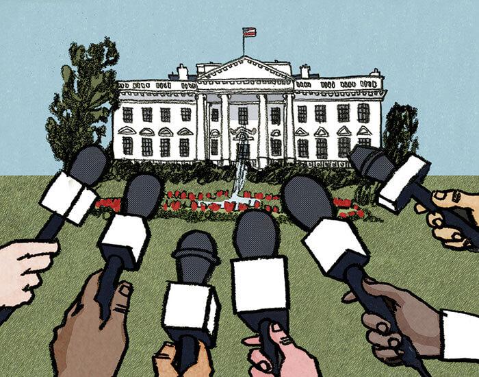 Illustration of microphones pointed toward the White House