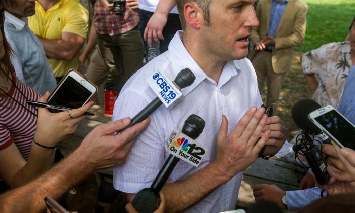 Richard Spencer speaks to the media in Charlottesville, Virginia.