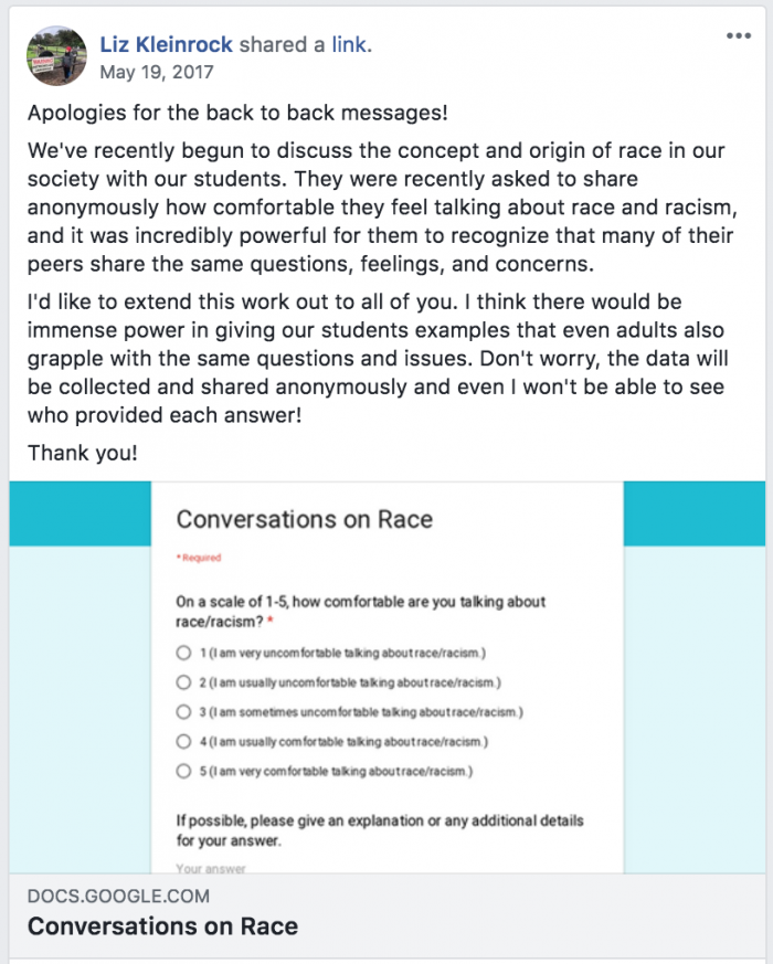 Facebook post screenshot from Liz Kleinrock focusing on "Conversations on Race."