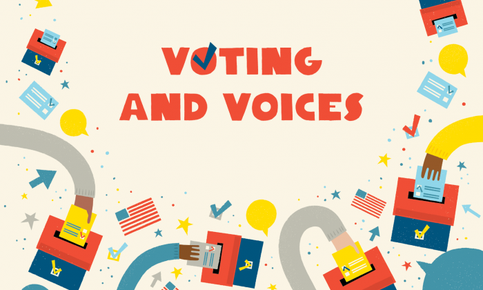 Voting and Voices illustration with hands and ballot boxes.