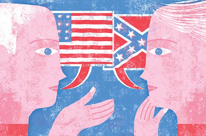 Illustration of two people whose discussion appears as speech bubbles with the American flag and the Confederate flag