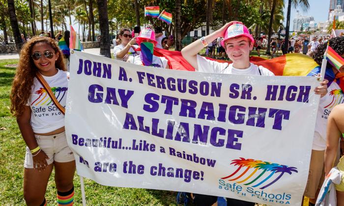 Students of the John A Ferguson Senior High Gay Straight Alliance at the Miami Beach, Florida, Ocean Drive Gay Pride Parade
