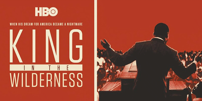 "King in the Wilderness" documentary promotional image with a silhouette of Martin Luther King Jr.