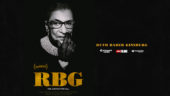 "RGB: The Justice for All" movie promotion image featuring Ruth Bader Ginsburg.