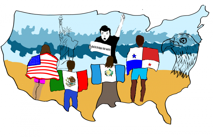 Illustrated outline of the continental United States with various people holding different countries' flags.