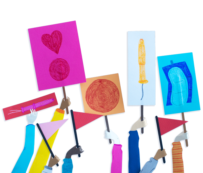 Various protest signs, being held by various hands, sporting menstrual equity symbols. 