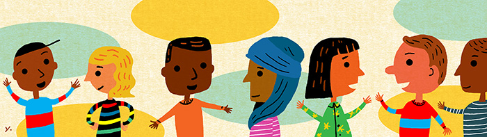 Illustration of various kids of different identities hanging out together.