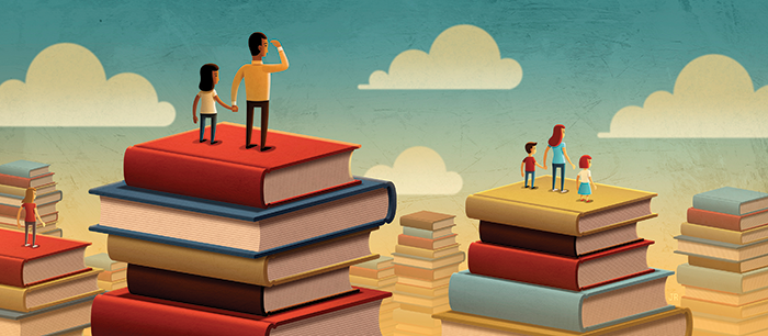 Illustration of families standing on top of oversized stacks of books, looking out into the distance.