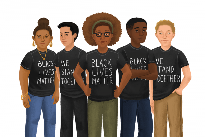 Illustration of various adults wearing t-shirts that read either "Black Lives Matter" or "We Stand Together."