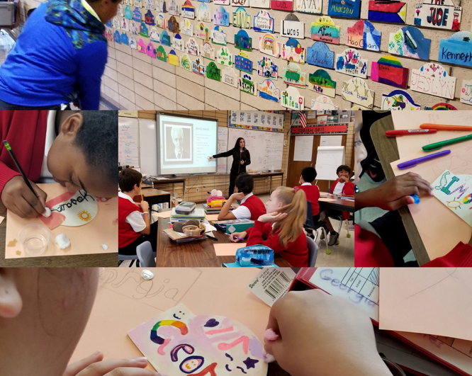 Collage of students all working on their name plaques.