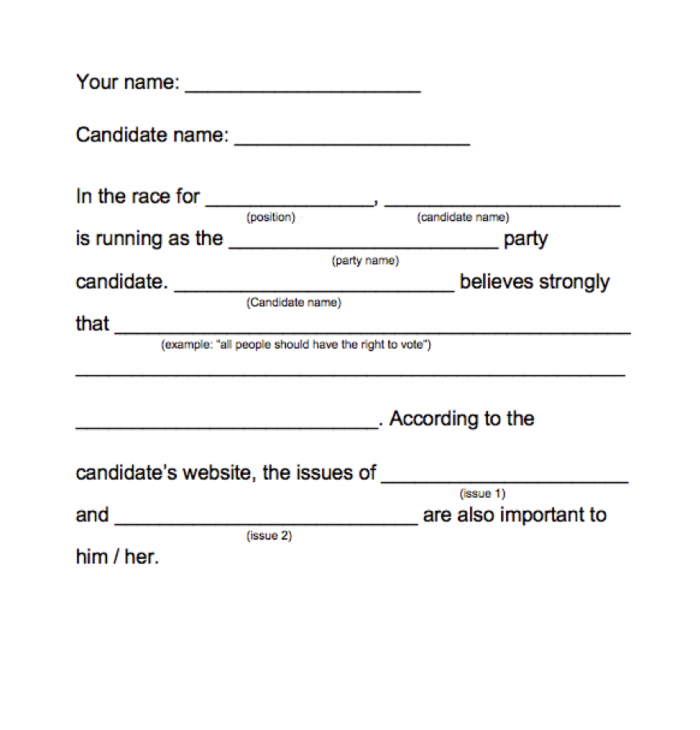 Political candidate form for students to fill out.
