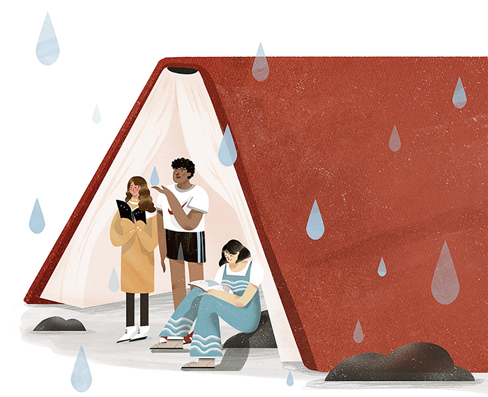 Illustration of students hiding from rain under an open book.