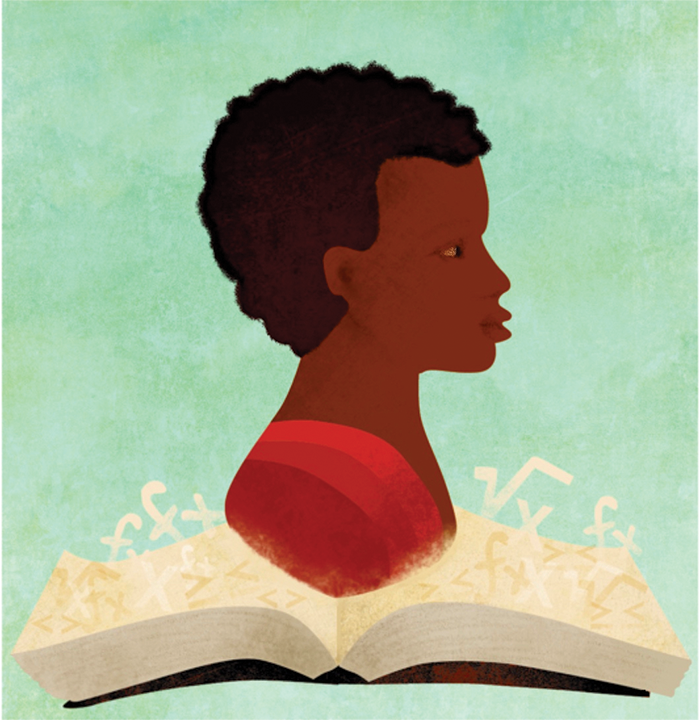 Illustration of a Black person hovering above an open book.